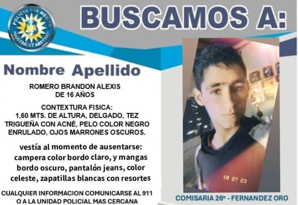  Desapareció un adolescente de 16 años en el Alto Valle: lo buscan intensamente 