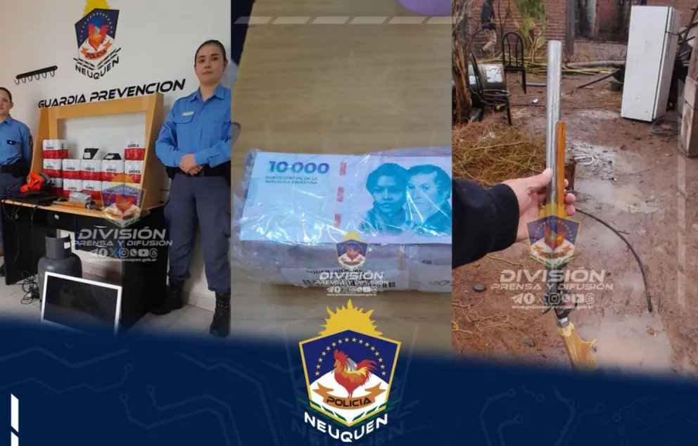 Además del dinero en efectivo y los bienes, la policía secuestró un pistolón de fabricación casera y una pistola de aire comprimido. Foto: gentileza Policía de Neuquén.