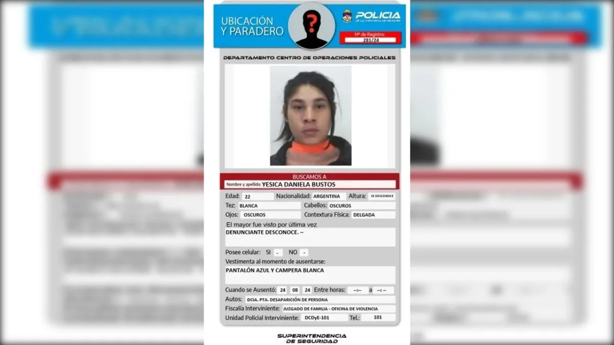 Yesica Bustos est&aacute; desaparecida desde el 24 de agosto en Neuqu&eacute;n. | Foto policia Neuqu&eacute;n.