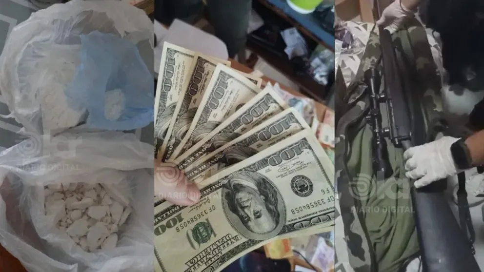 Se realizaron cuatro allanamientos entre Villa Regina e Ingeniero Huergo. Secuestraron dinero en efectivo, dólares, armas y una importante cantidad de cocaína lista para su comercialización. Foto: gentileza LCR.