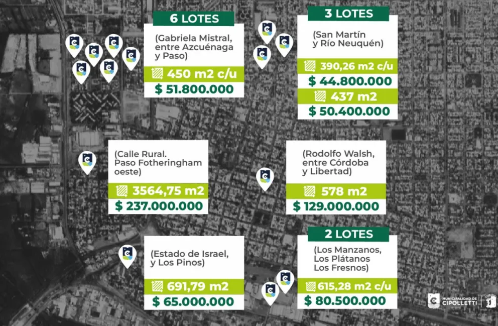 Los interesados en la compra deberán abonar el 30 % del valor ofertado en el momento; después tendrán dos meses para completar el pago. Imagen: Municipalidad de Cipolletti.