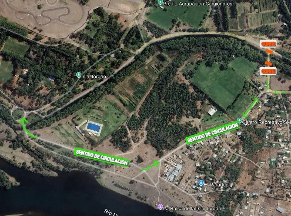 Para ingresar al sector de la Isla Jordán habrá que realizar un desvío. Están reparando un puente que se rompió durante la crecida de dos años atrás. Imagen: municipalidad de Cipolletti.