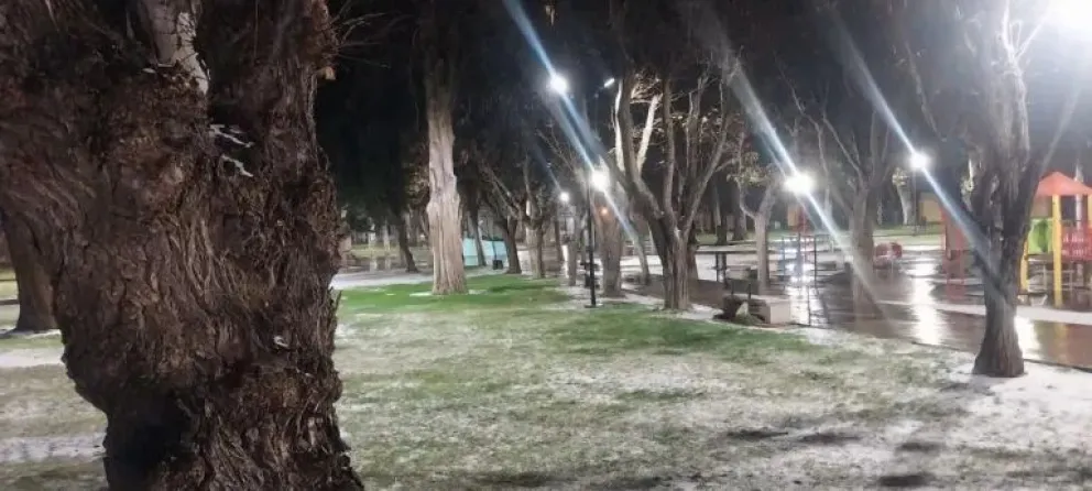 Nieve en una plaza neuquina, una de las tantas postales del día. | foto gentileza