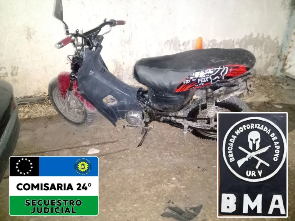 El ciclomotor había sido denunciado por robo; lo manejaban dos adolescentes de 13 y 15 años. Foto: Policía de Rio Negro.