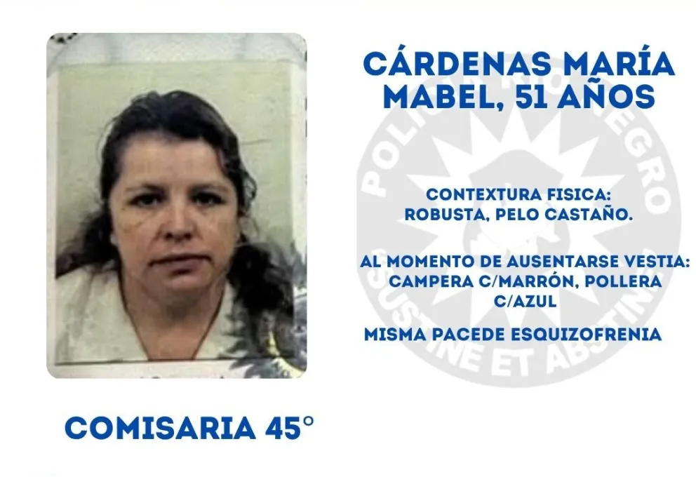 Según informó la Comisaría 45°, Cárdenas fue vista por última vez alrededor de las 7 de la mañana, cuando salió de su domicilio en Cipolletti. Foto Policía Unidad 45. 