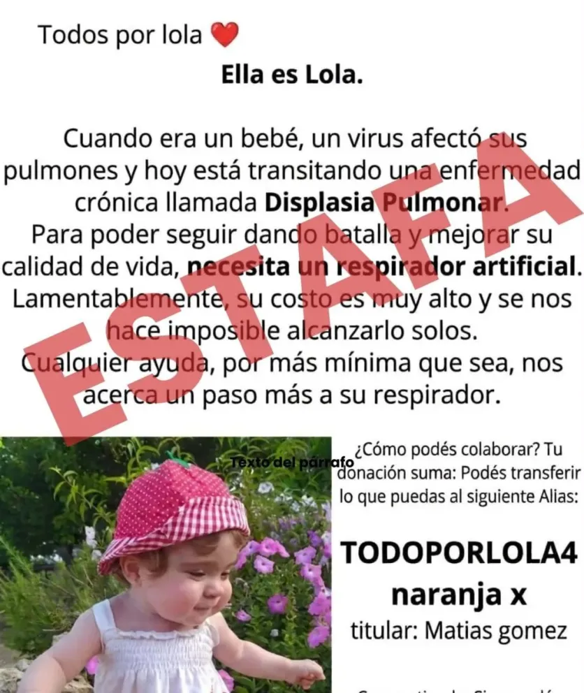 La imagen de la niña utilizada es falsa/ imagen gentileza
