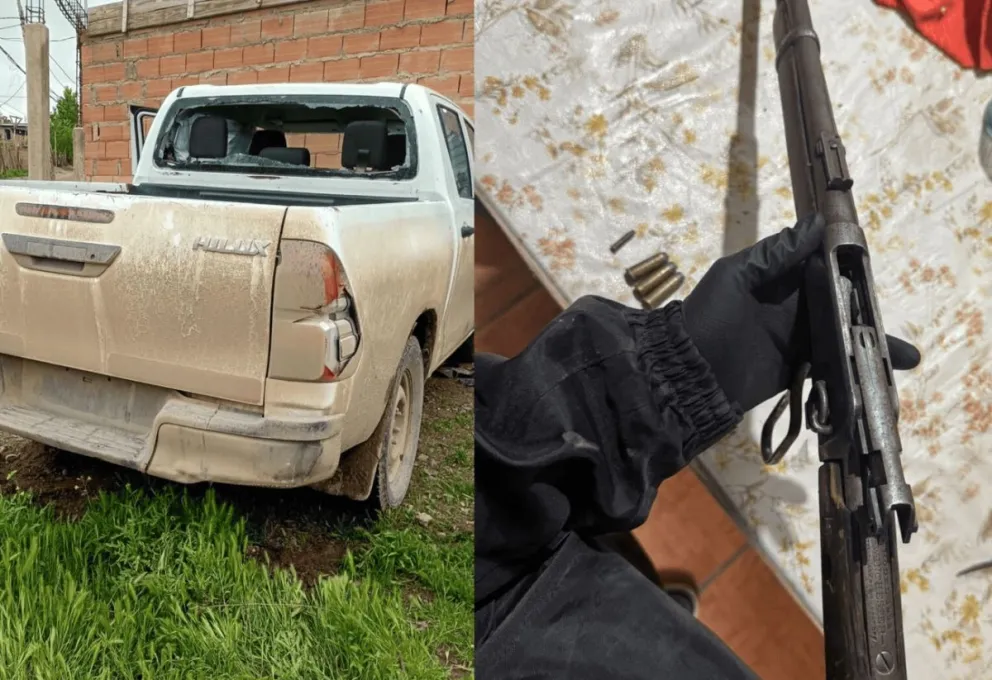La camioneta Toyota tenía la luneta trasera destruida. Por allí ingresaron los disparos. A la derecha, el winchester que habrían usado en el ataque. Foto: gentileza Centenario Digital.