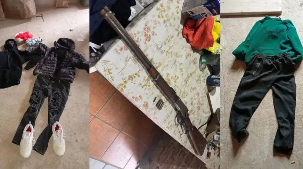 Diversos elementos que fueron secuestrados durante los allanamientos: ropa que habrían utilizado en el lugar; el rifle Winchester. Foto: gentileza Policía de Neuquén.